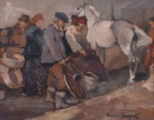 Attributed to Alessio Issupoff (Russian 1889-1957) - Street scene with figures and a horse Oil on