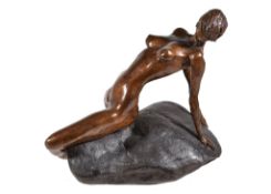 Tom Merrifield (b. 1932), a bronze semi reclining nude, mid brown patination, on a darkly patinated