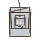 A wrought iron and glazed hanging lantern, 20th century, of square section, the four glass panes