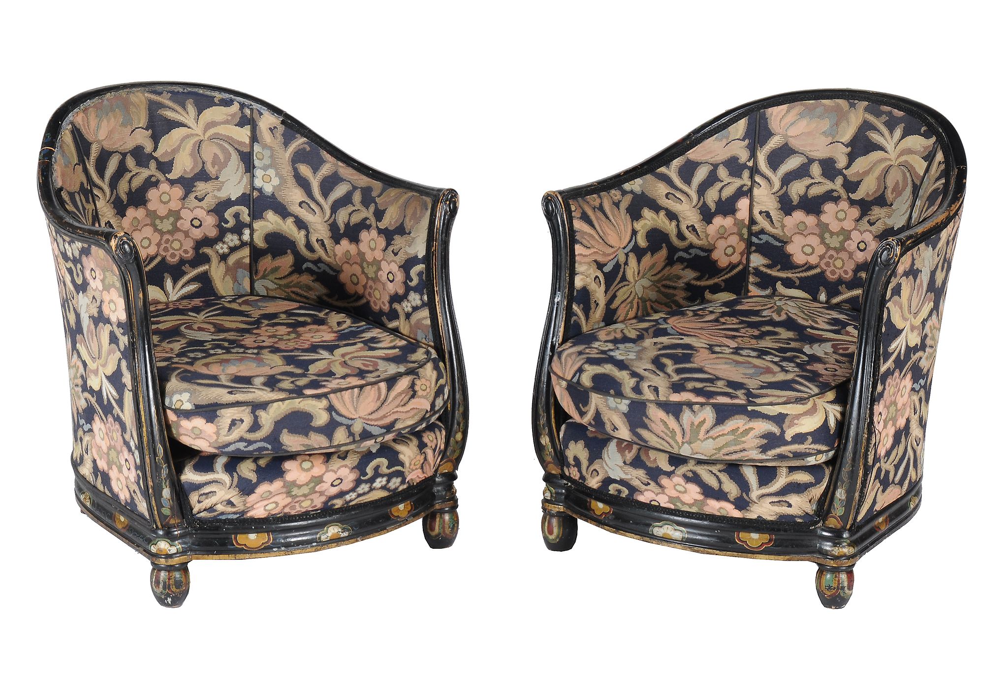 A pair of Art Deco ebonised and upholstered tub armchairs, circa 1930, incorporating stylised