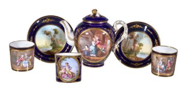 A selection of Sevres-style blue-ground and gilt tea and coffee wares, mid 19th century,