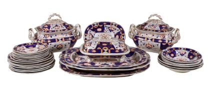 An English porcelain Imari pattern part dinner service, circa 1830; and a pair of Staffordshire