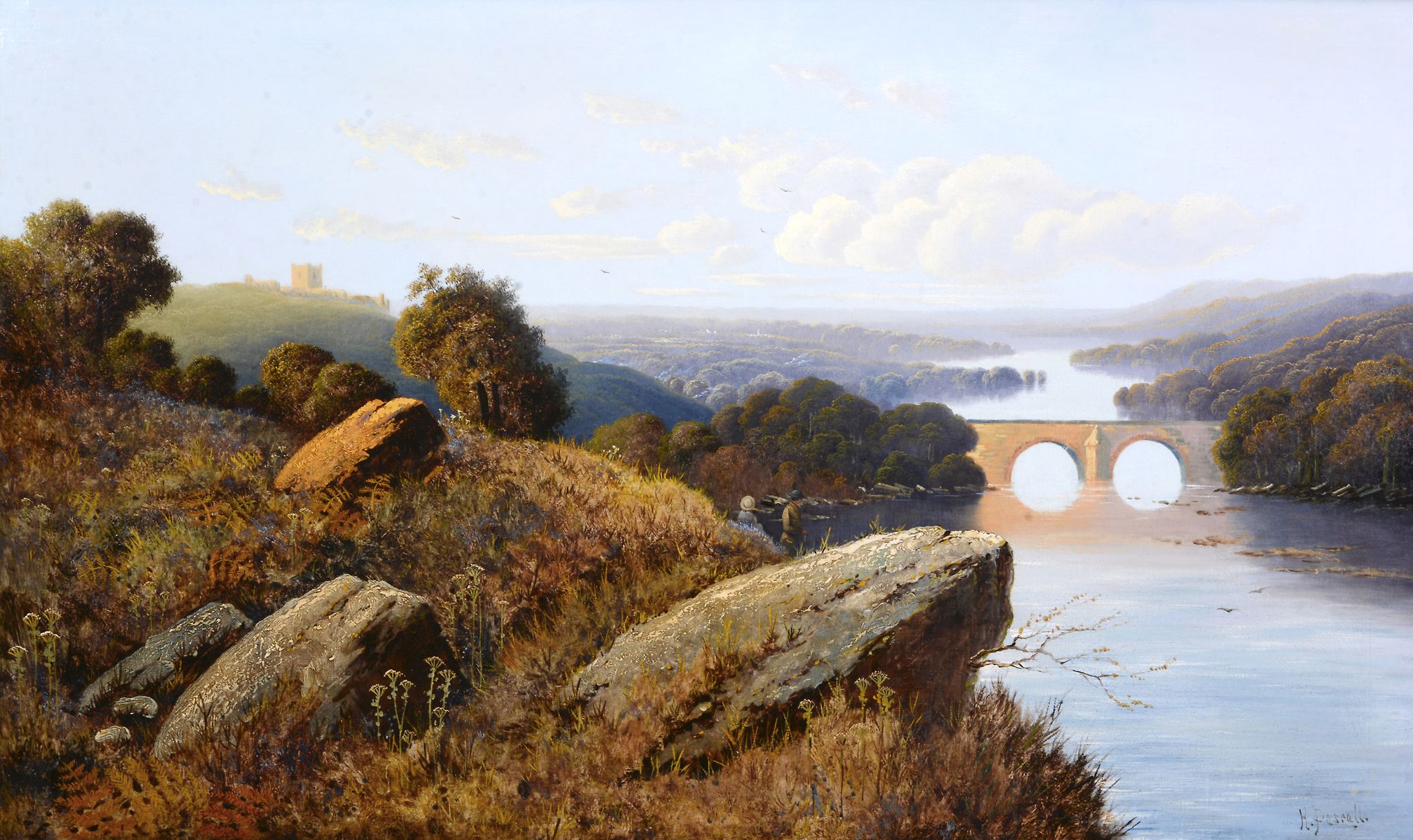 Italian School (late 19th century) - Landscape with river, looking towards a bridge Oil on canvas