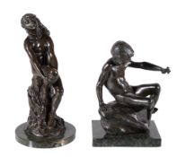 Lucy Gwendolen Williams (1870-1955), two bronze nude figure studies, of a girl seated on a rock, a