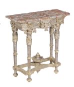 A carved and silvered wood console table , late 19th/ early 20th century, with red variegated