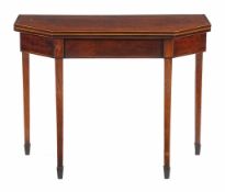 A George III mahogany card table , circa 1790, of canted rectangular form, 72cm high, 92cm wide,