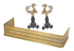 A pair of brass and cast iron mounted andirons, early 20th century, the finials relief cast