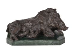 B.C. Zheng, a patinated bronze group of a wild boar sow and her young, 20th century, portrayed