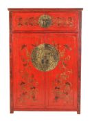 Two Chinese scarlet lacquer and gilt decorated wardrobes , the larger 194cm high, 135cm wide, 70cm