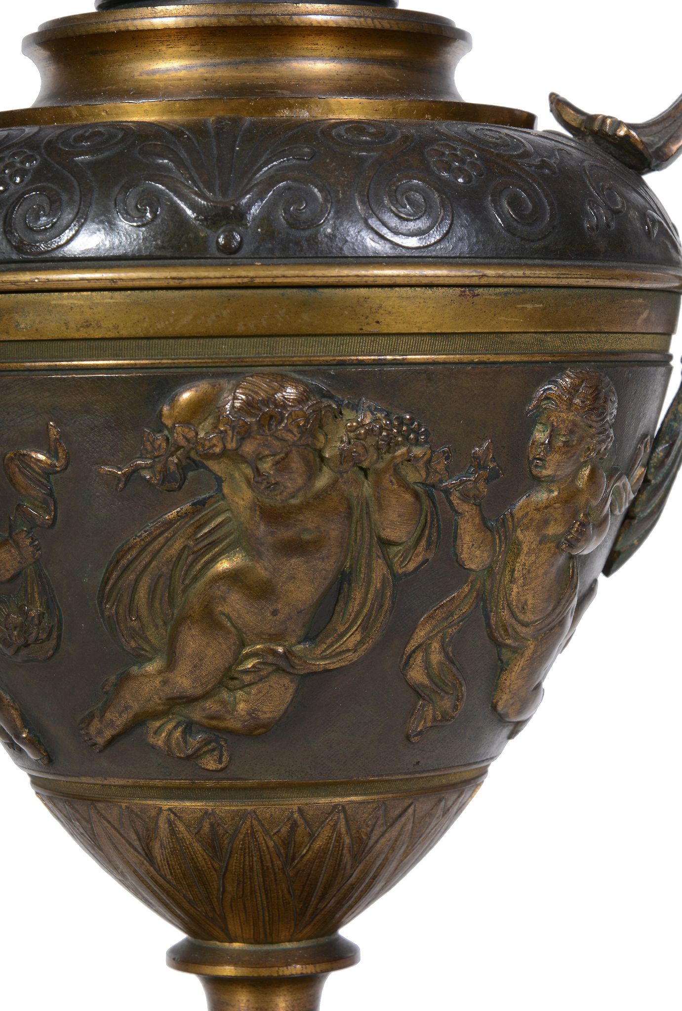 A pair of Continental parcel gilt and patinated bronze twin handled urns and covers in Neoclassical - Image 2 of 2