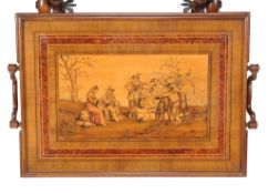 An olivewood and inlaid butler's tray, the two sided tray with Sorrento work scene within an