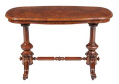 Ω A Victorian walnut and tulipwood banded centre table , circa 1870, with faceted bulbous supports,