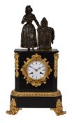 A French black marble, bronze and ormolu mounted figural mantel clock, mid-19th century, the eight-