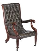 A William IV mahogany and green leather upholstered library armchair, circa 1835, in the manner of