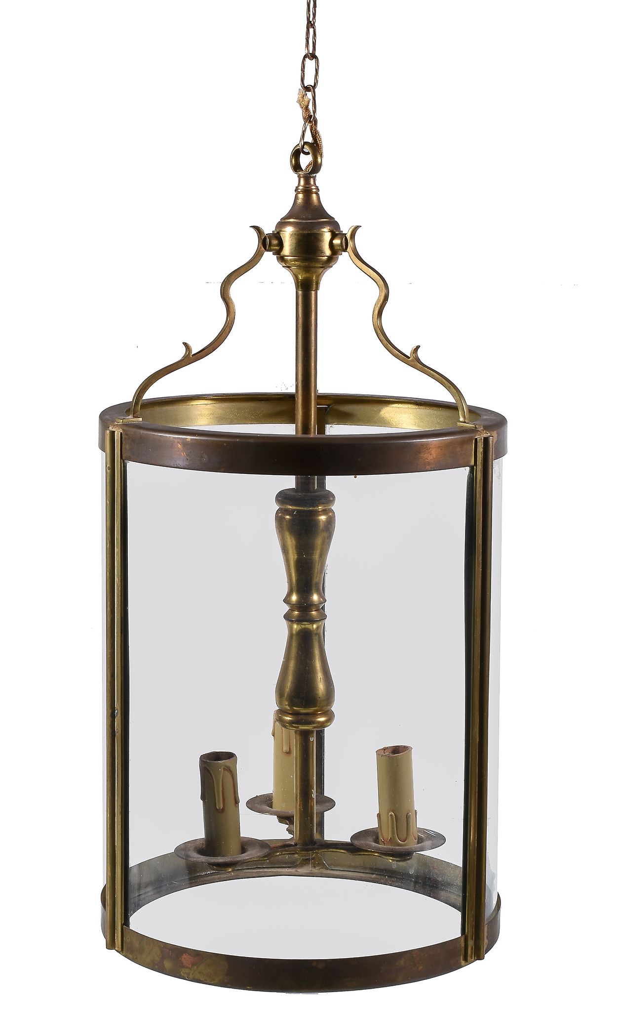 A gilt brass and glazed cylindrical hall or porch lantern, mid 20th century, with three serpentine