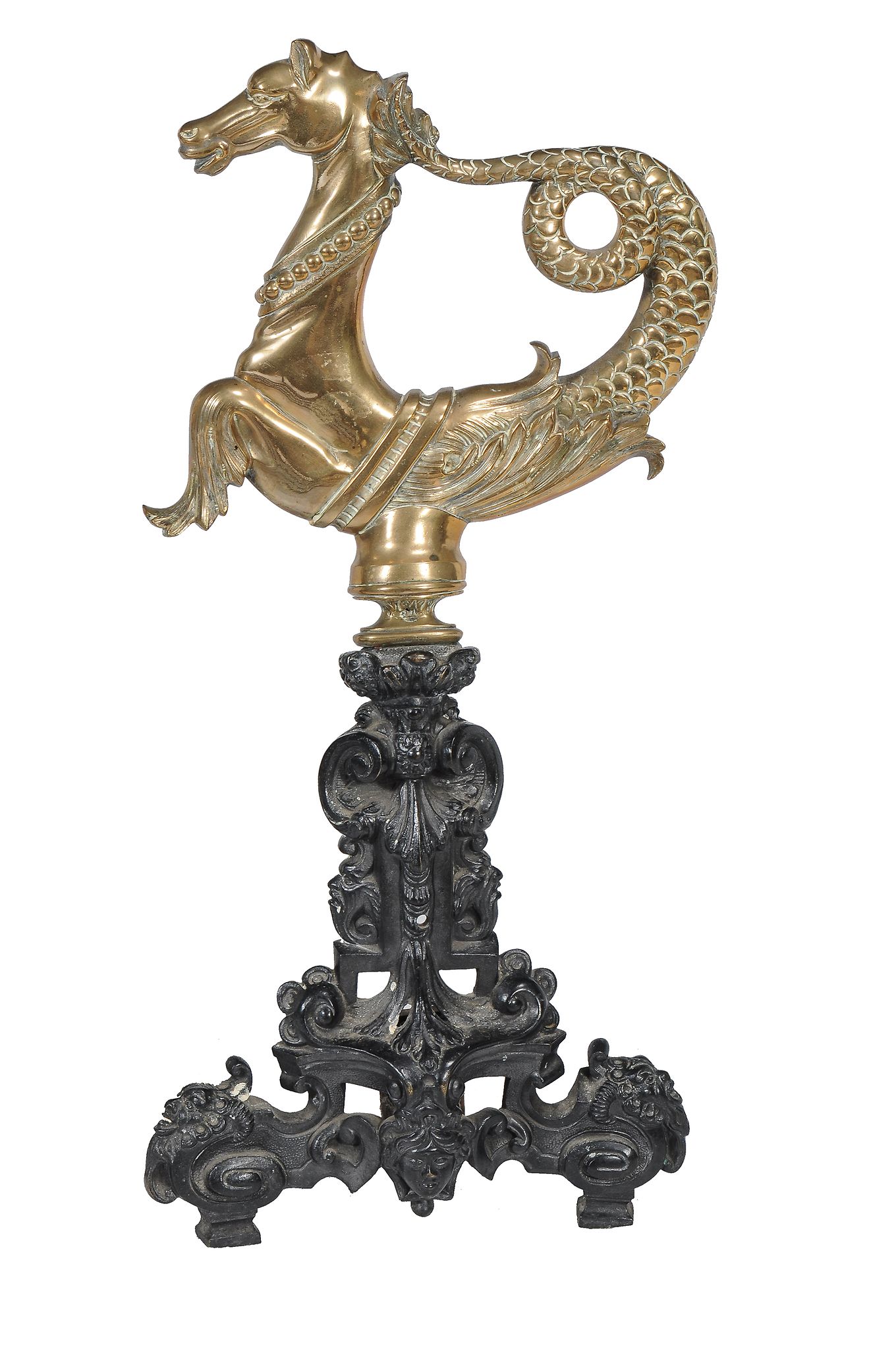 A pair of brass and cast iron mounted andirons, early 20th century, the finials relief cast - Image 2 of 2