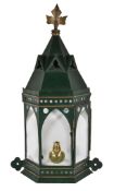 A tole-peinte and glazed wall lantern in Gothic revival taste, late 19th / early 20th century and