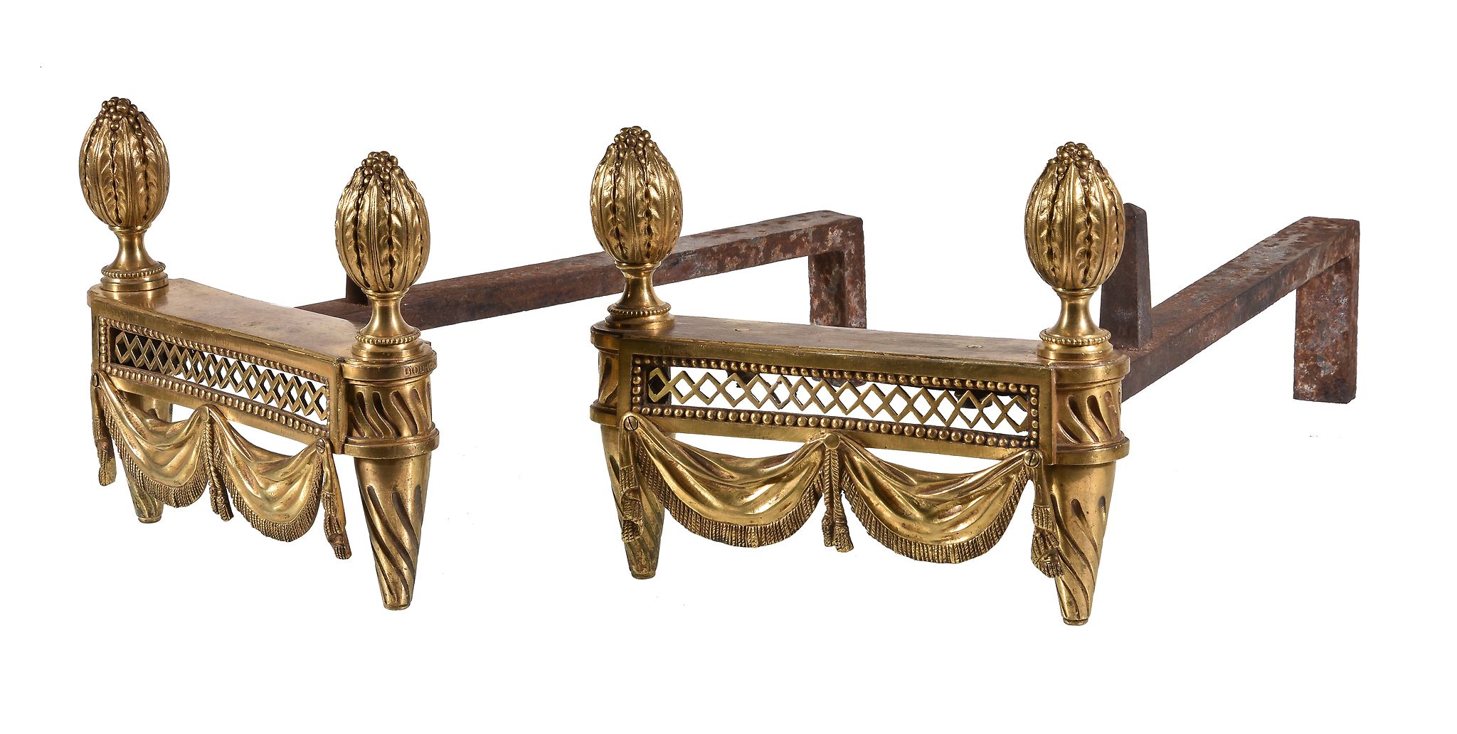 A pair of French gilt bronze and wrought iron mounted chenets in Louis XVI style, second half 19th