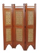 A Kashmir hardwood and polychrome painted three fold screen, second half 19th century, each fold