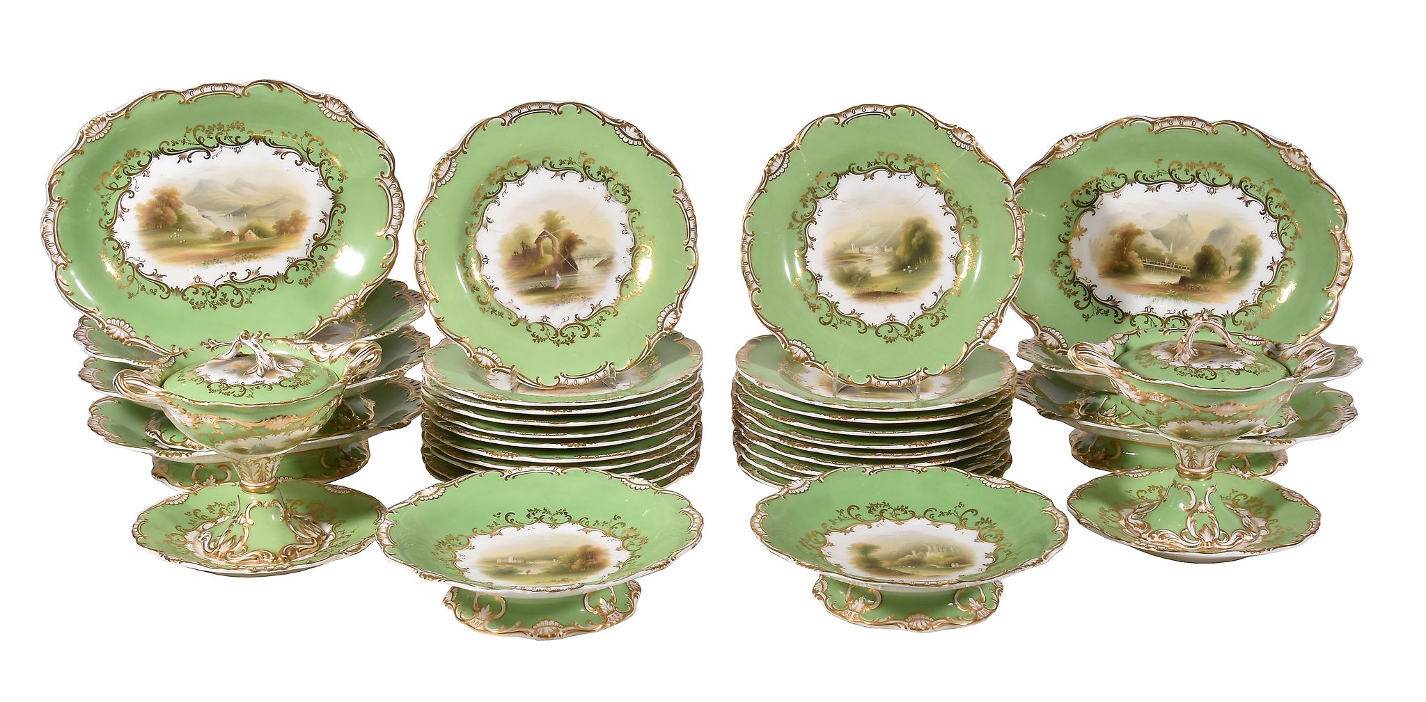 An English porcelain 'Rococo revival' lime-green ground part dessert service, circa 1840, painted