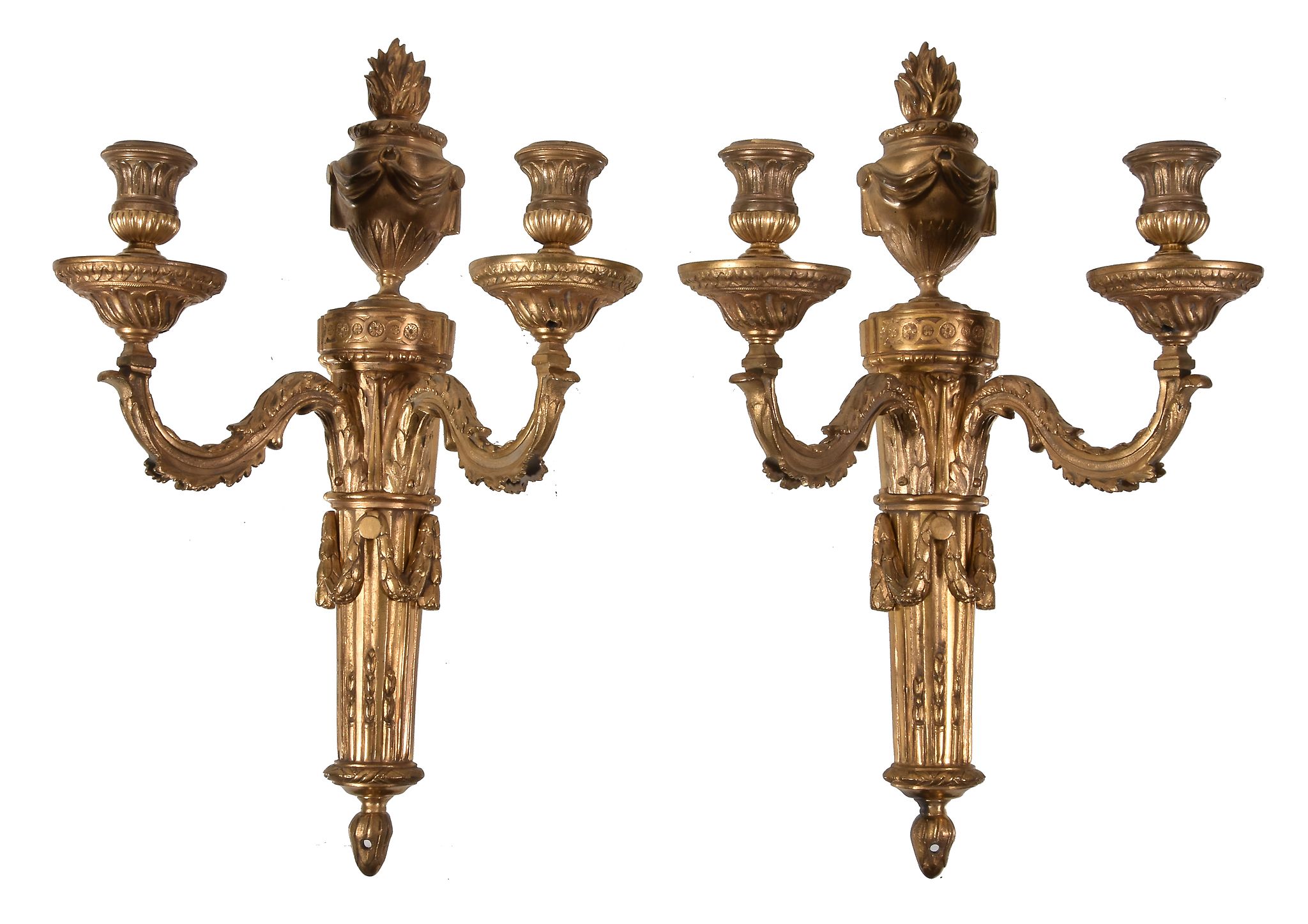 A pair of gilt bronze twin light wall appliques in Louis XVI style, early 20th century, each with
