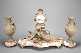 A French patinated and gilt metal mounted marble figural mantel clock garniture, late 19th century,