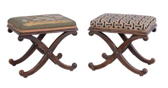 Ω A pair of Regency rosewood footstools, circa 1815, each with tapestry upholstered seats above X-