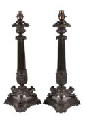 A pair of patinated bronze table lamps in Restauration style, 20th century, the electrical fitments