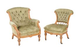 A companion pair of Victorian satinwood and parcel gilt chairs, circa 1860, in the manner of