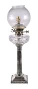A Victorian silver plated metal and cut glass table oil lamp, last quarter 19th century, with