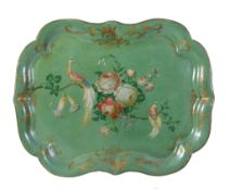 A Regency painted papier mache tray, circa 1815, of cartouche form, decorated with exotic birds and