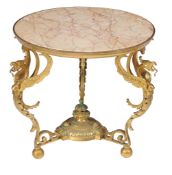 A French gilt metal and marble topped low table , each support modeled as phoenix, 45cm high, 48cm