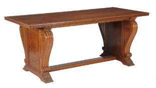 A walnut and burr walnut hall table or centre table, late 19th/ early 20th century, the trestle