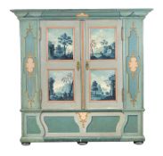 A North European painted pine press cupboard, first half 19th century, the doors incorporating