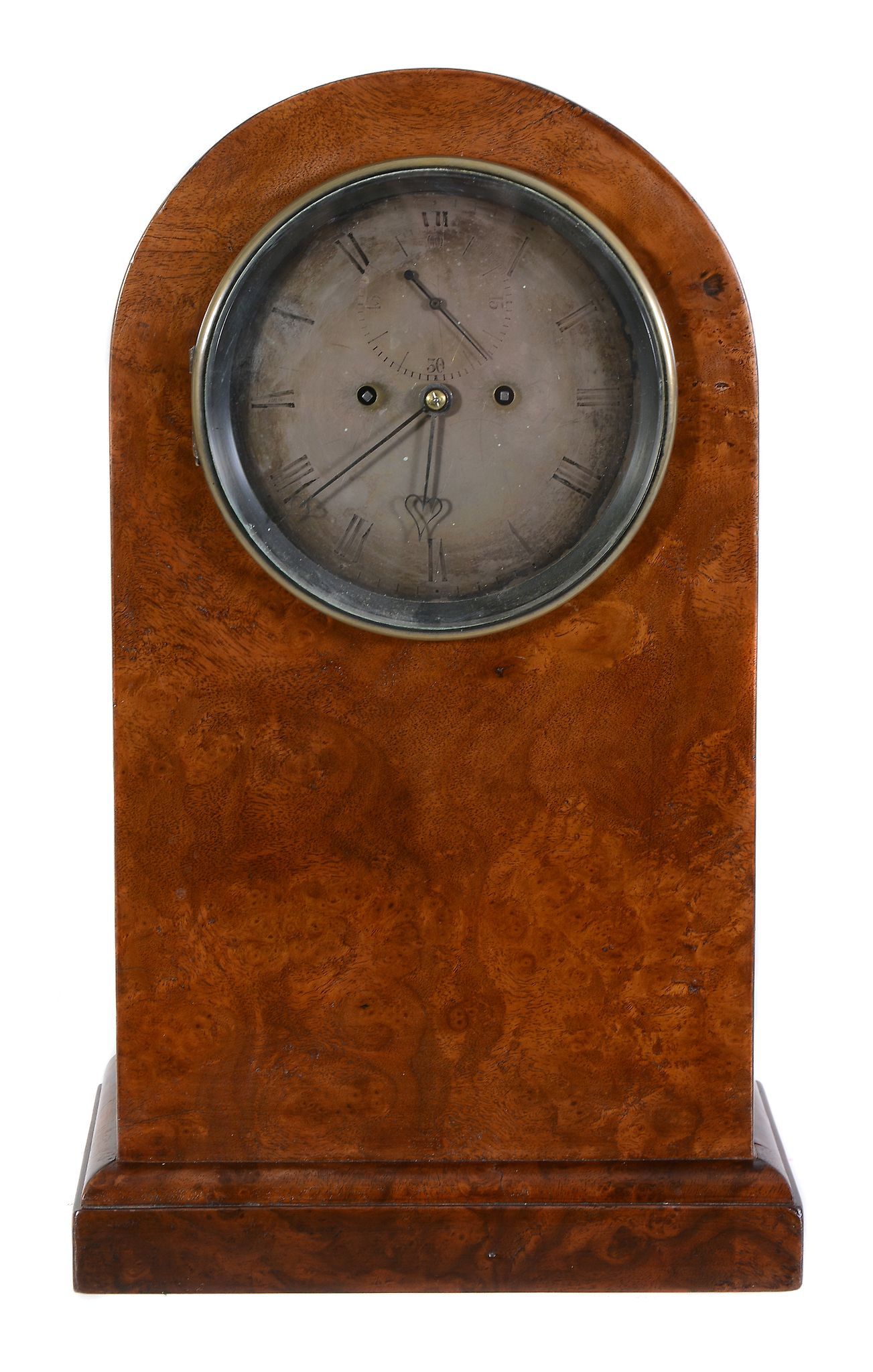 An English burr walnut mantel clock, unsigned, mid-19th century and later, the circular twin fusee