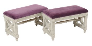 A pair of grey painted and velvet upholstered window seats , 20th century, with fluted frieze and