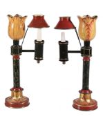 A pair of tole peinte table lamps in the manner of early 19th century Argand lamps, second half