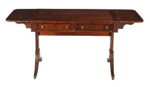 A Regency partridgewood and oak sofa table , circa 1820, the rectangular top with Greek key inlaid