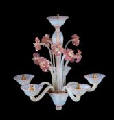 A Venetian coloured glass five light chandelier, last quarter 20th century, with electrical