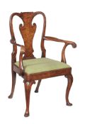 A walnut and burr walnut armchair in George II style , 19th century, 98cm high, 74cm wide, 56cm