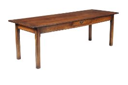 A French cherry refectory table , 19th century, with single drawer to one long side, 76cm high,