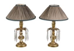 A pair of gilt metal and glass hung table lamps in the manner of Regency table lustres, 20th