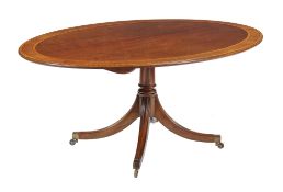 A mahogany and satinwood banded breakfast table , late 20th century, with label to the base for