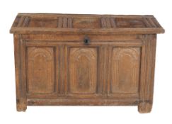 An oak coffer, late 17th century and later, of small proportion, 60cm high, 101cm wide, 48cm deep