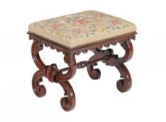 Ω A Victorian rosewood and tapestry upholstered stool , circa 1850, with scrolled X-frame