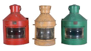 A collection of three painted ships lamps, Port, Starboard and Masthead.