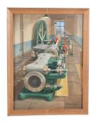Stuart Barraclough - Gouache of Yorkshire mill engine room interior, being a painting of a full