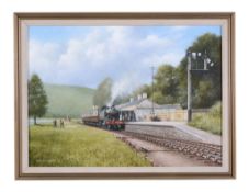 Brecon Don (1935 - 2013) Oil on canvas, Stands at Looe Cornwall. Great Western Railway 2-6-2 tank