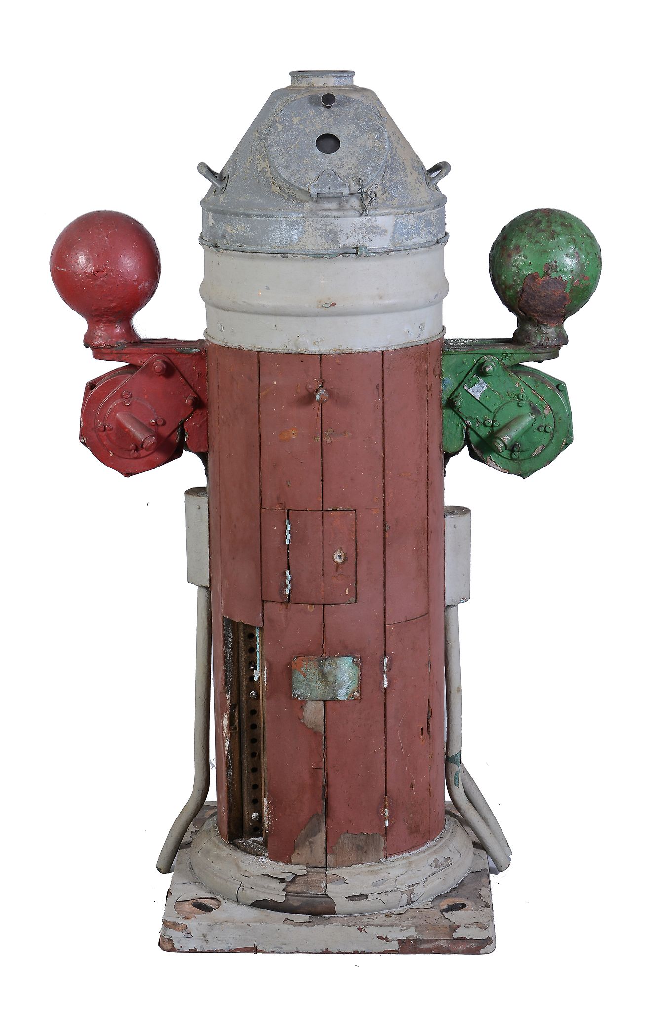 A ships binnacle, the galvanised hood enclosing the binnacle compass flanked by red and green