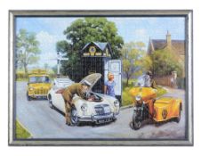 A collection of 16 large framed jig-saw puzzles of Classic cars in rural scenes and transport